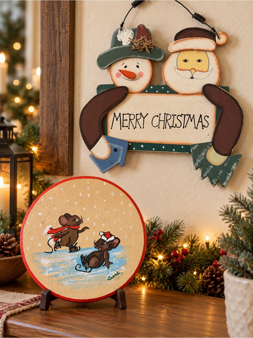 Santa & Snowman “Merry Christmas” Wooden Hanging Sign